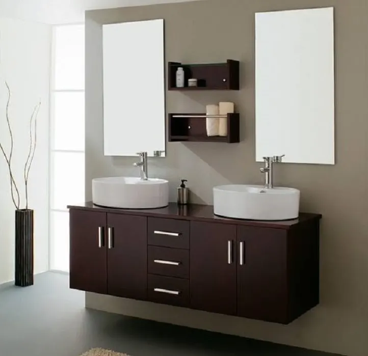 Wenge Floating Bathroom Vanity – Twin Vessel Sinks, Centre Drawers