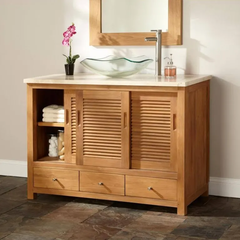 Honey Wood Bathroom Vanity – Sliding Louvred Doors, Glass Basin