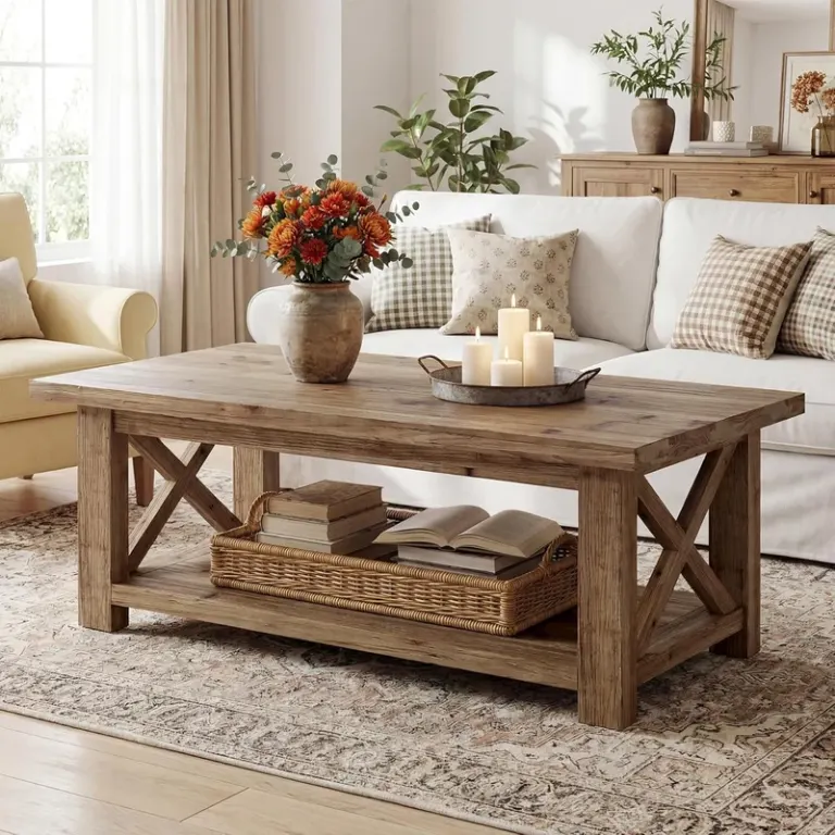 X-Sided Rustic Wooden Coffee Table – Lower Shelf, Thick Top