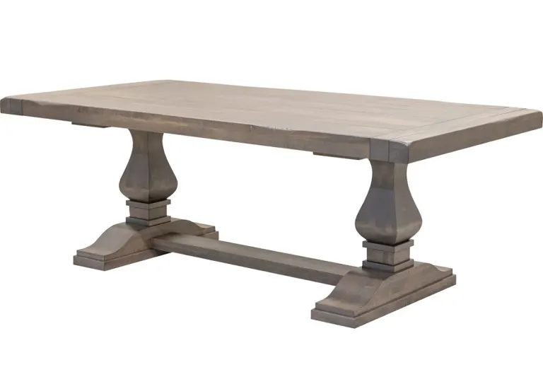 Vase-pedestal wooden dining table, grey tone
