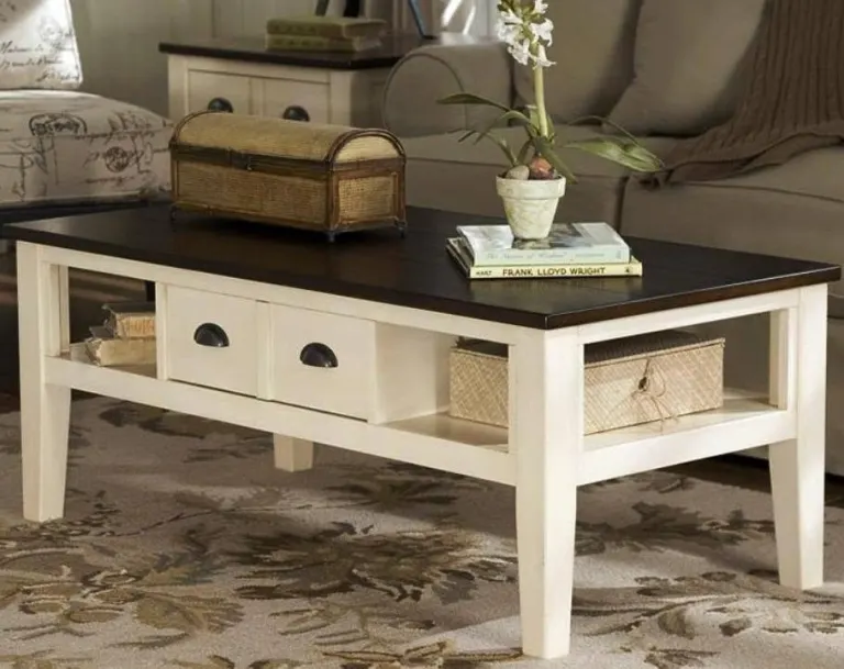 White Coffee Table with Drawers – Dark Top, Basket Cubbies