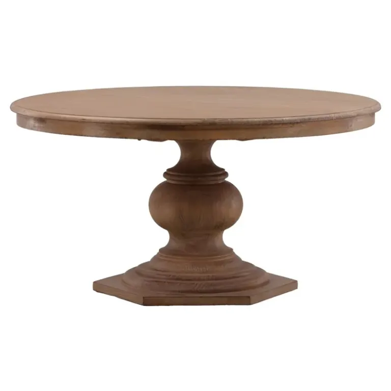 Round Wooden Dining Table – Turned Pedestal, Hexagonal Base