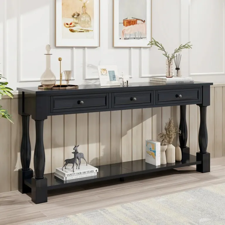 Black Wooden Console Table – Three Drawers, Turned Legs