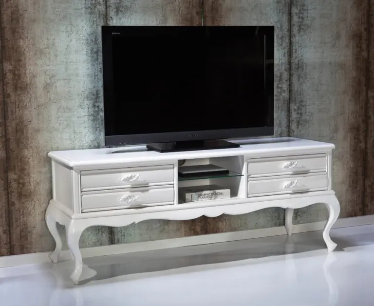 White Classic TV Unit – Cabriole Legs, Drawers