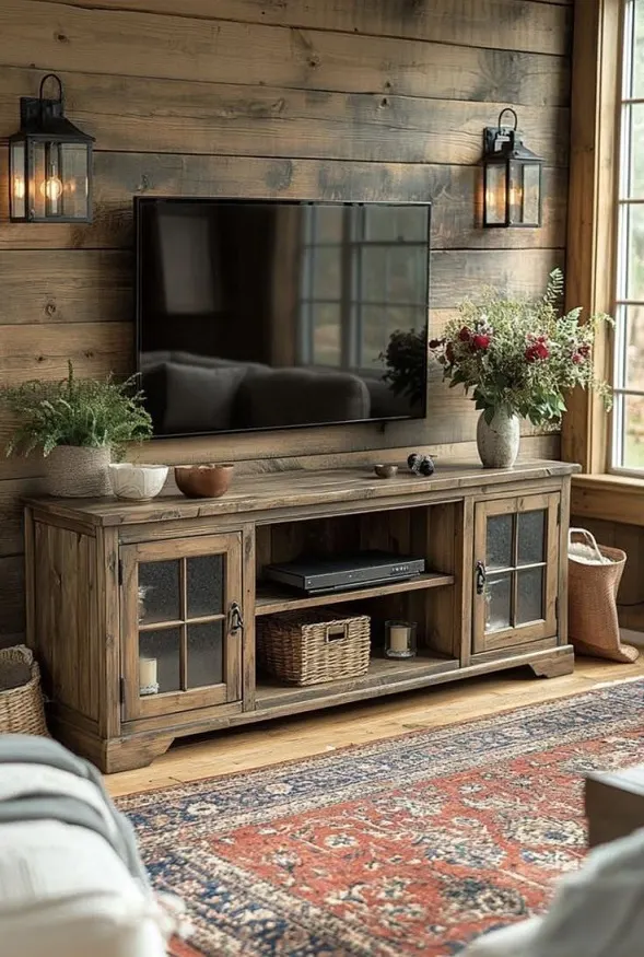 Rustic TV Console – Glazed Side Doors, Basket Centre