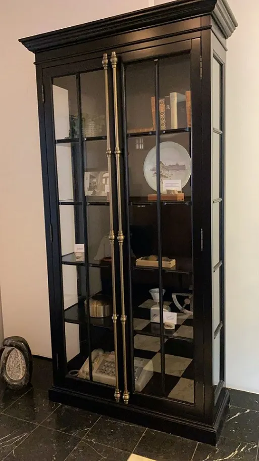 Black Glazed Display Tower – Tall and Narrow, Brass Handles
