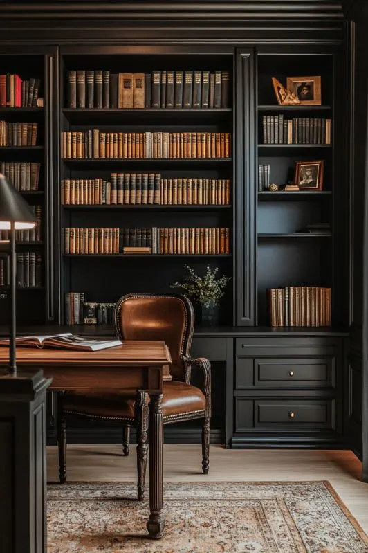 Black Study with Built-In Shelves – Wooden Desk