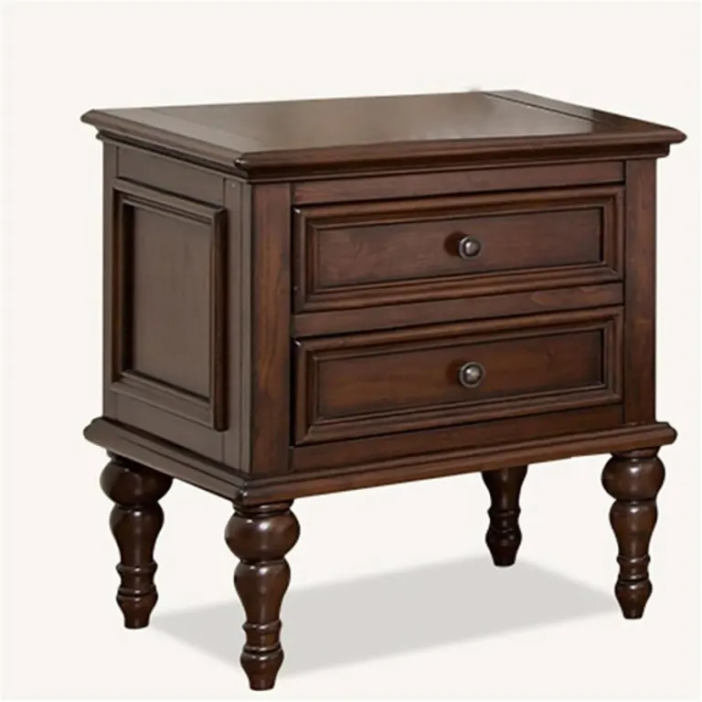 Walnut Nightstand – Two Drawers, Chunky Turned Legs