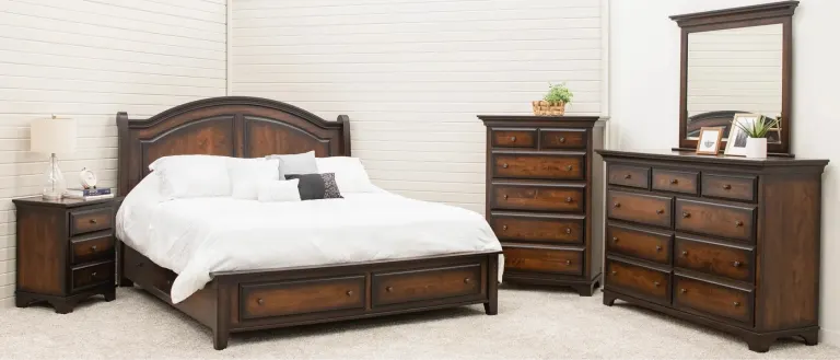 Dark Wood Bedroom Set – Bed, Chest and Mirrored Dresser